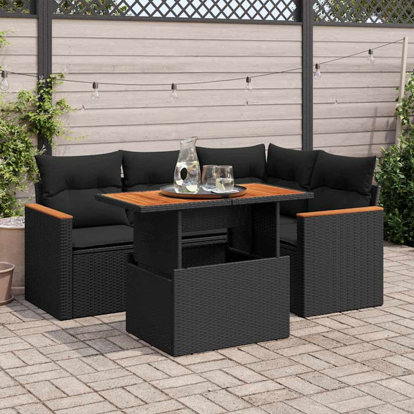  5 Piece Garden Sofa Set with Cushions Black Poly Rattan - Sleek