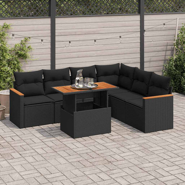  7 Piece Garden Sofa Set with Cushions Black Poly Rattan Acacia - Sleek & Functional