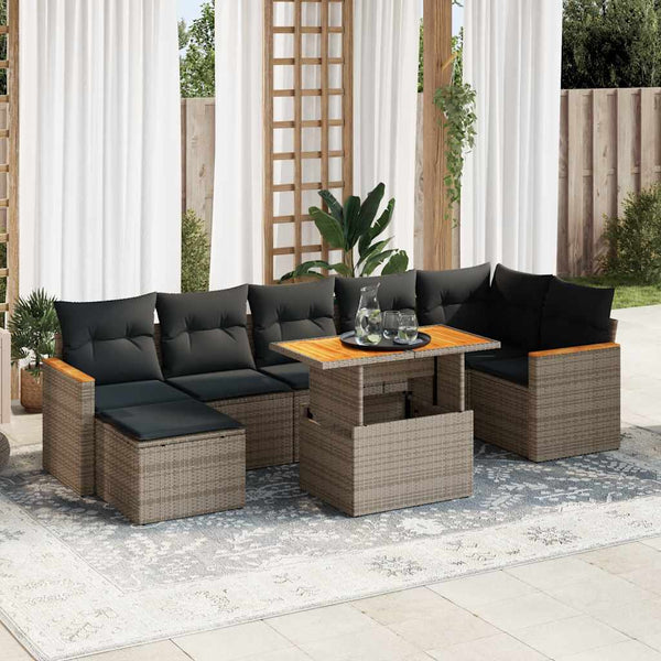  8 Piece Garden Sofa Set with Cushions Grey Poly Rattan Acacia