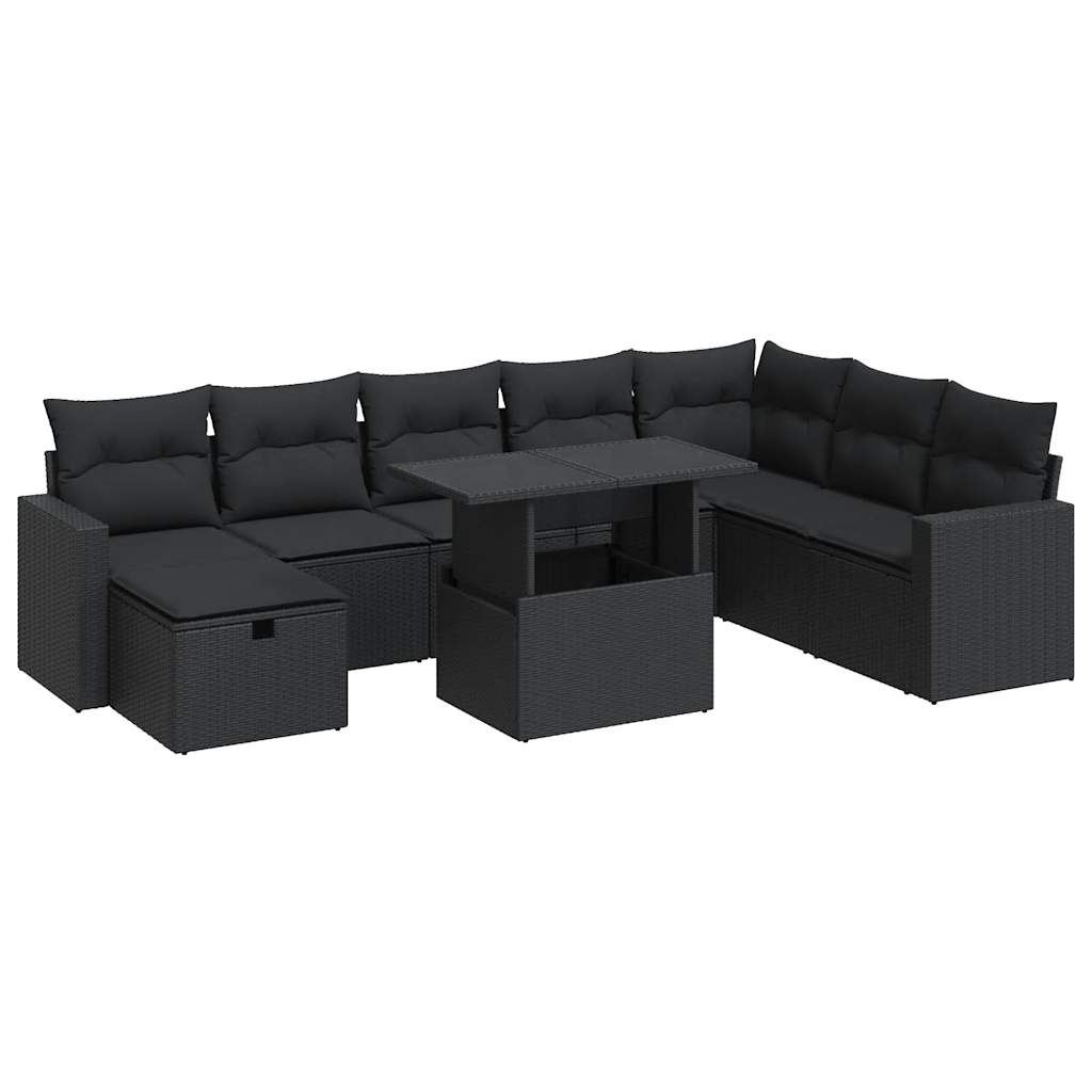 9 Piece Garden Sofa Set with Cushions Black Poly Rattan - Stylish & Versatile - 62×62×69cm