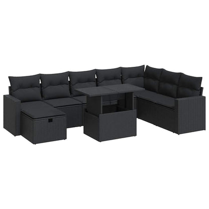 9 Piece Garden Sofa Set with Cushions Black Poly Rattan - Stylish & Versatile - 62×62×69cm