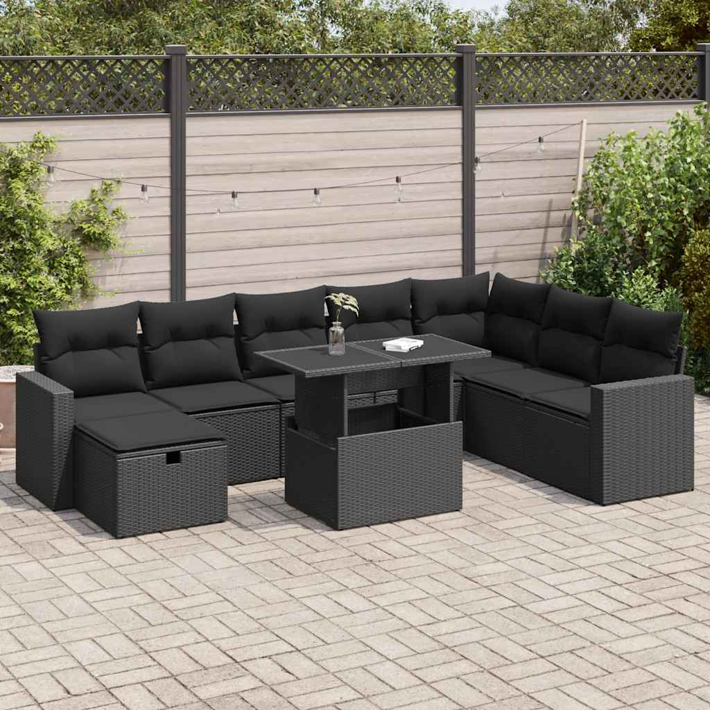 9 Piece Garden Sofa Set with Cushions Black Poly Rattan - Stylish & Versatile - 62×62×69cm