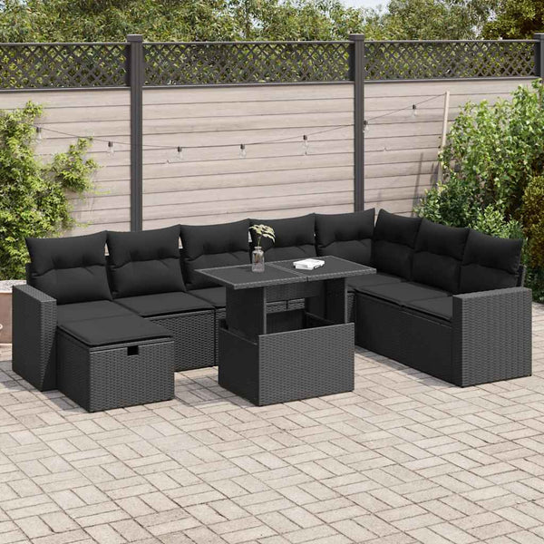  9 Piece Garden Sofa Set with Cushions Black Poly Rattan - Stylish & Versatile