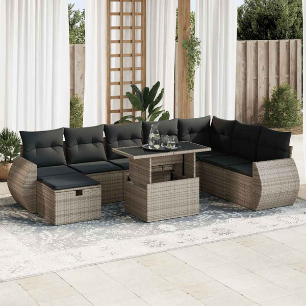  9 Piece Garden Sofa Set with Cushions Grey Poly Rattan - Durable & Chic