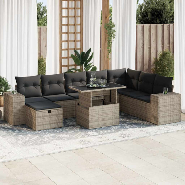  9 Piece Garden Sofa Set with Cushions Grey Poly Rattan - Outdoor Comfort