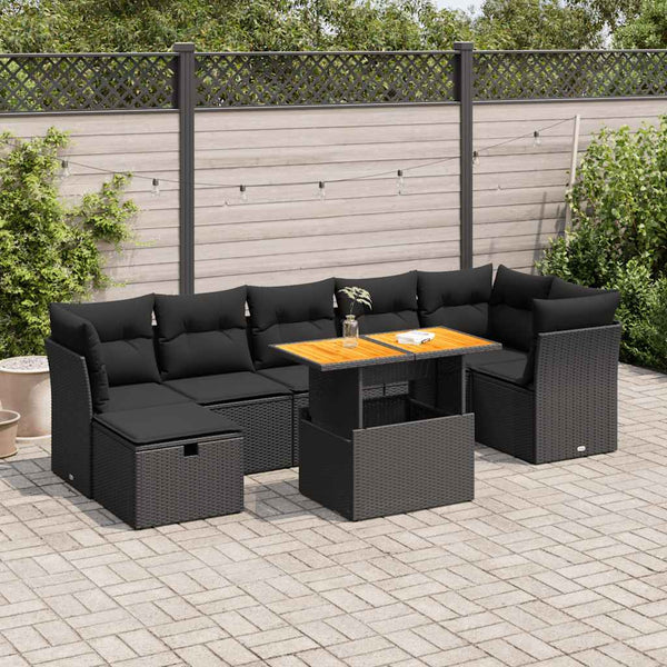  Garden Sofa Set with Cushions Couch 8 Piece Black Poly Rattan Acacia