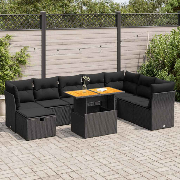  9 Piece Garden Sofa Set with Cushions Black Poly Rattan Acacia  - Sleek