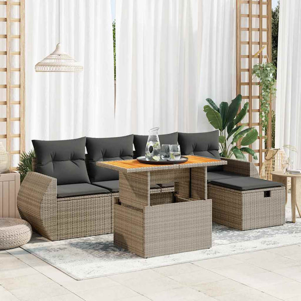  6 Piece Garden Sofa Set with Cushions Grey Poly Rattan Acacia - Outdoor Comfort