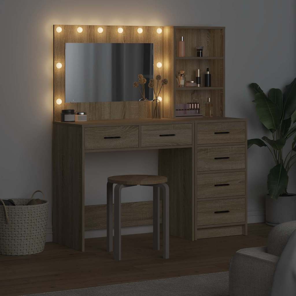 Brown Dressing Table with LED Lights Drawer Shelf Engineered Wood Makeup Vanity Unit