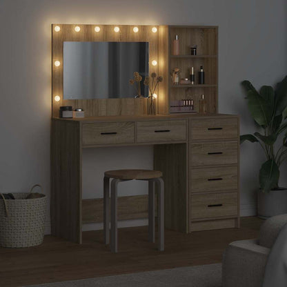 Brown Dressing Table with LED Lights Drawer Shelf Engineered Wood Makeup Vanity Unit