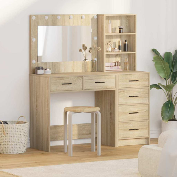  Brown Dressing Table with LED Lights Drawer Shelf Engineered Wood Makeup Vanity Unit