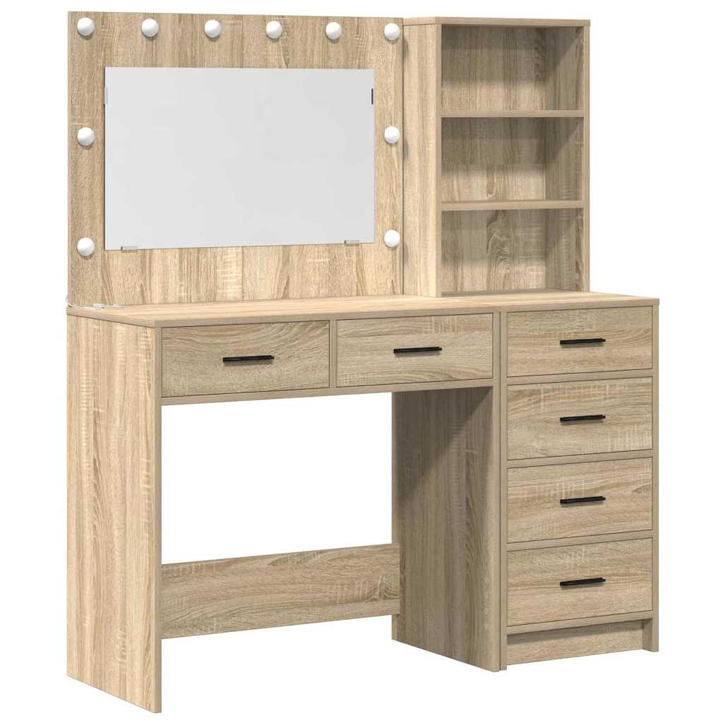 Brown Dressing Table with LED Lights Drawer Shelf Engineered Wood Makeup Vanity Unit