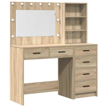 Brown Dressing Table with LED Lights Drawer Shelf Engineered Wood Makeup Vanity Unit