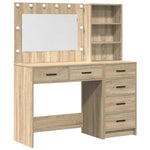 Brown Dressing Table with LED Lights Drawer Shelf Engineered Wood Makeup Vanity Unit