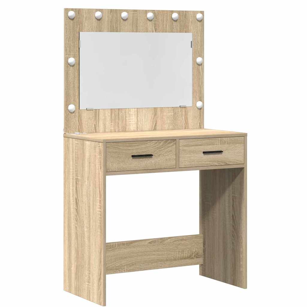 Brown Dressing Table with LED Lights Drawer Shelf Engineered Wood Makeup Vanity Unit