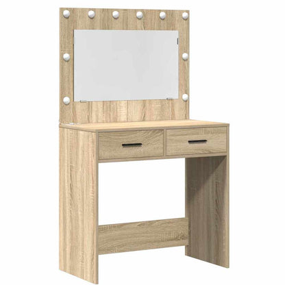 Brown Dressing Table with LED Lights Drawer Shelf Engineered Wood Makeup Vanity Unit
