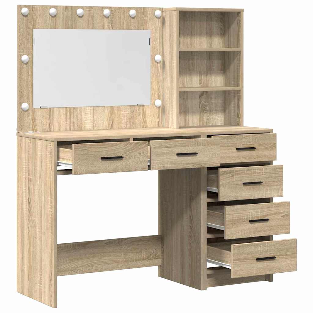 Brown Dressing Table with LED Lights Drawer Shelf Engineered Wood Makeup Vanity Unit
