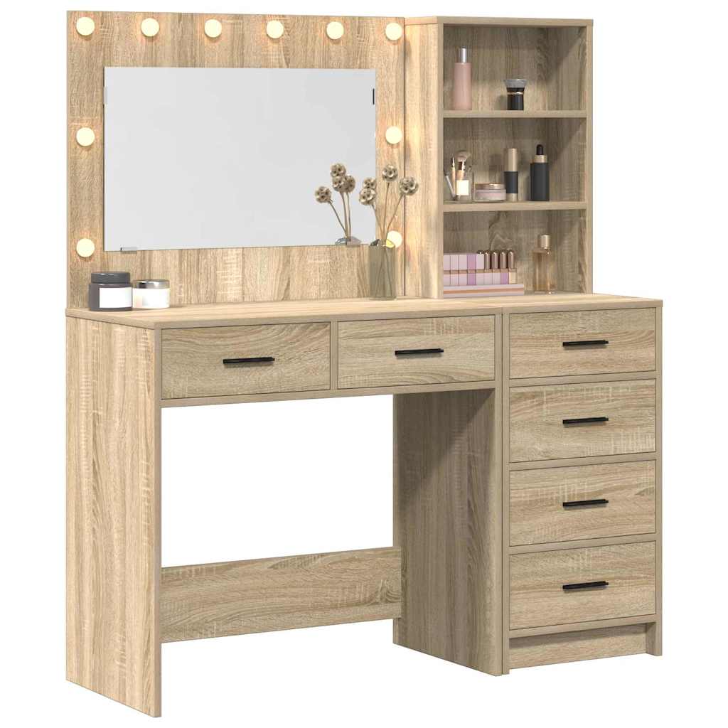 Brown Dressing Table with LED Lights Drawer Shelf Engineered Wood Makeup Vanity Unit
