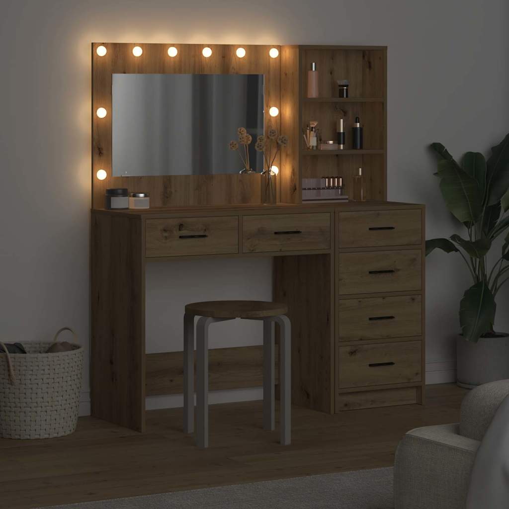Dressing Table with LED Lights Drawer Shelf Engineered Wood Makeup Vanity Desk Brown