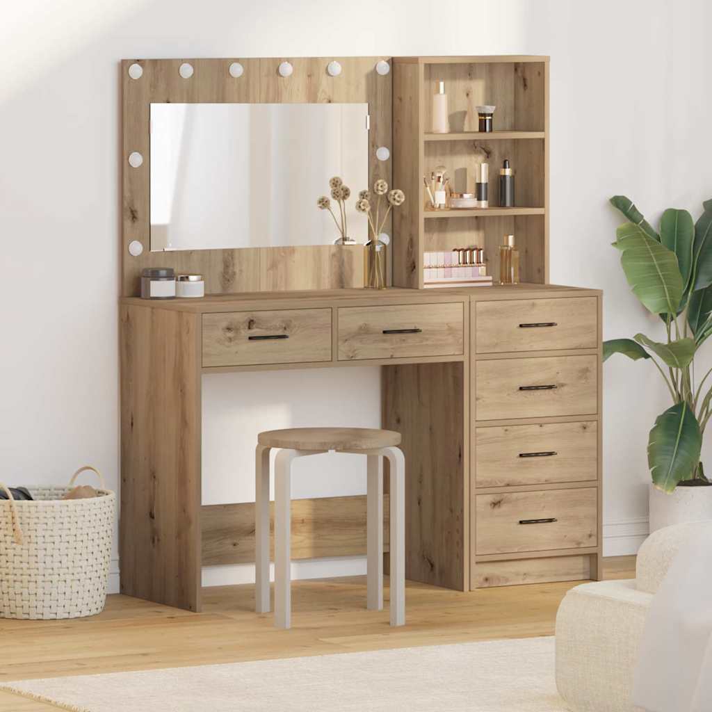 Dressing Table with LED Lights Drawer Shelf Engineered Wood Makeup Vanity Desk Brown