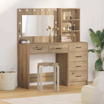 Dressing Table with LED Lights Drawer Shelf Engineered Wood Makeup Vanity Desk Brown