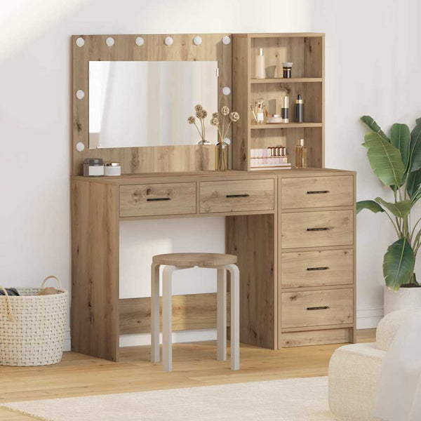  Dressing Table with LED Lights Drawer Shelf Engineered Wood Makeup Vanity Desk Brown