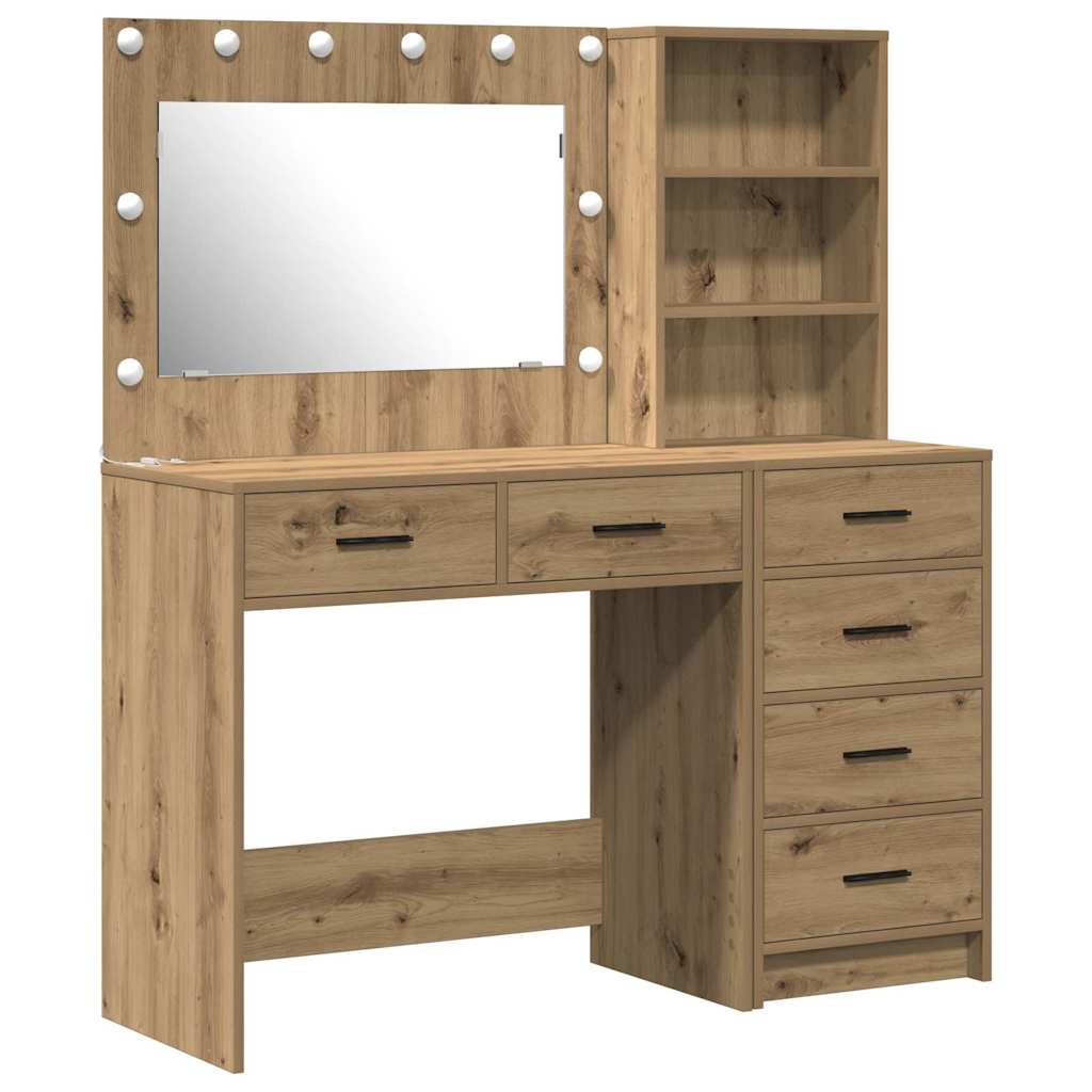 Dressing Table with LED Lights Drawer Shelf Engineered Wood Makeup Vanity Desk Brown