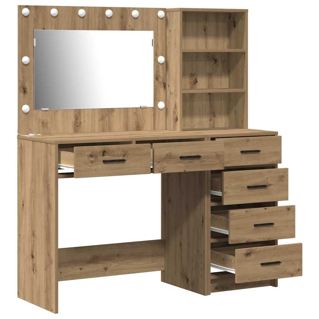 Dressing Table with LED Lights Drawer Shelf Engineered Wood Makeup Vanity Desk Brown