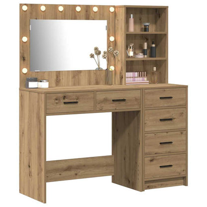 Dressing Table with LED Lights Drawer Shelf Engineered Wood Makeup Vanity Desk Brown