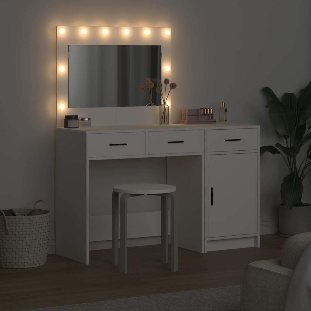 White Dressing Table Set 2 Piece LED Lights Drawer Engineered Wood Vanity Unit