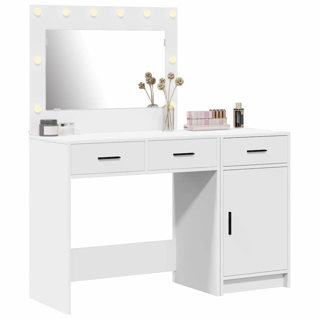 White Dressing Table Set 2 Piece LED Lights Drawer Engineered Wood Vanity Unit