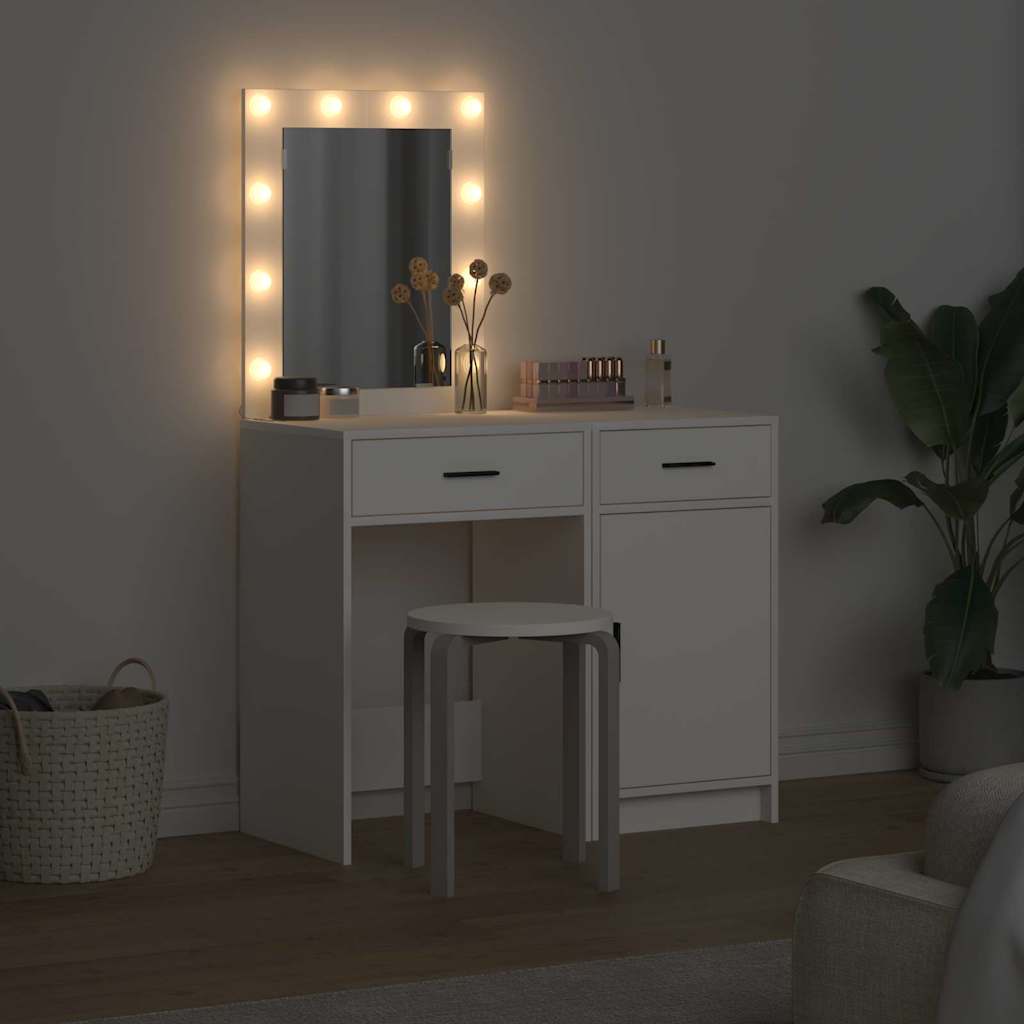 White Dressing Table Set 2 Piece LED Lights Drawer Engineered Wood Vanity Desk