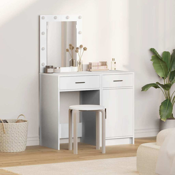  White Dressing Table Set 2 Piece LED Lights Drawer Engineered Wood Vanity Desk