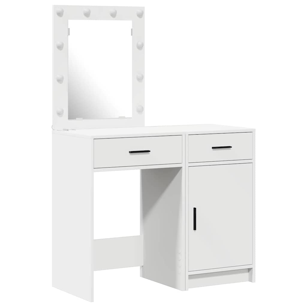 White Dressing Table Set 2 Piece LED Lights Drawer Engineered Wood Vanity Desk