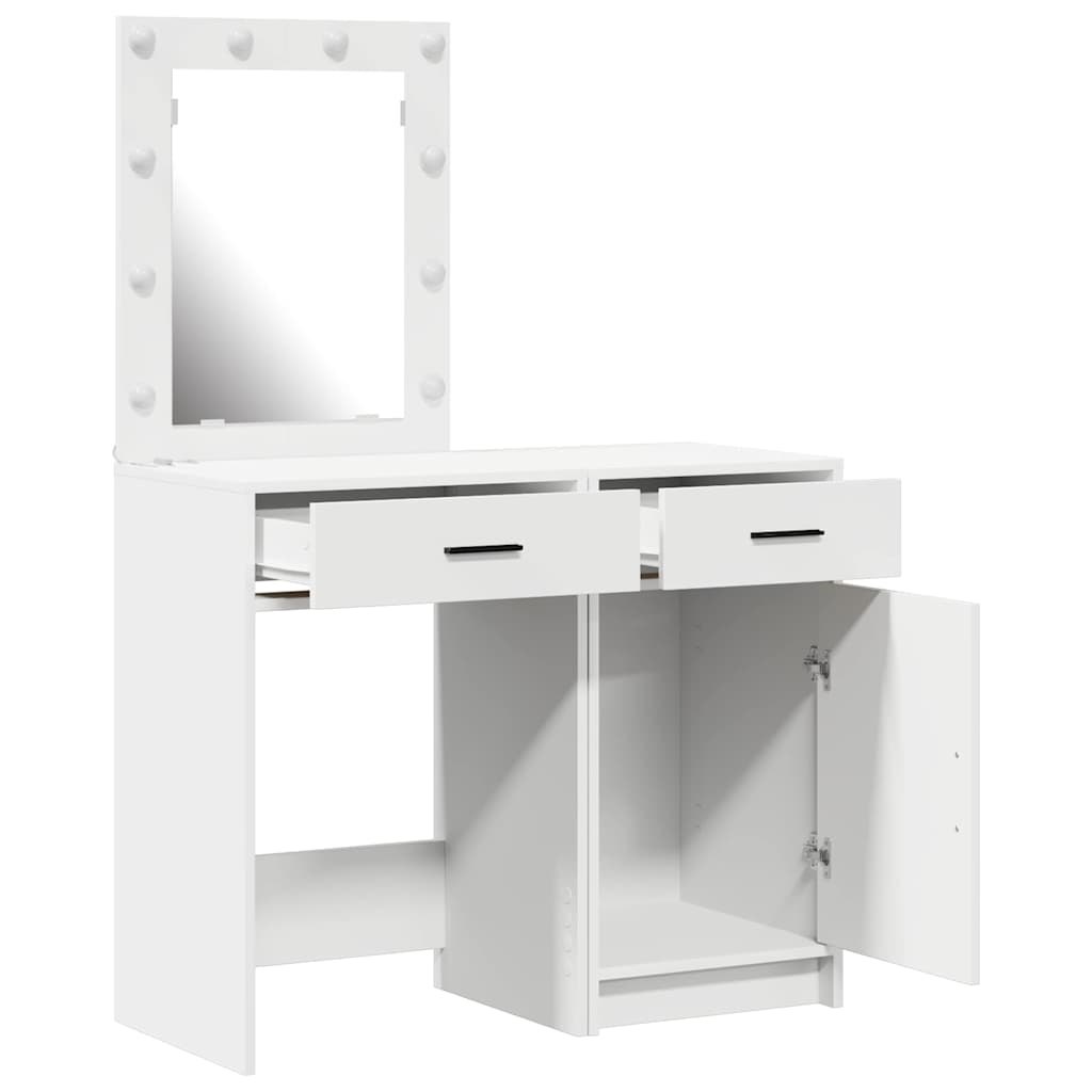 White Dressing Table Set 2 Piece LED Lights Drawer Engineered Wood Vanity Desk