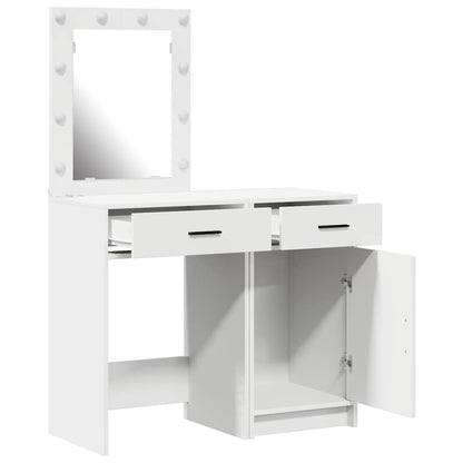 White Dressing Table Set 2 Piece LED Lights Drawer Engineered Wood Vanity Desk
