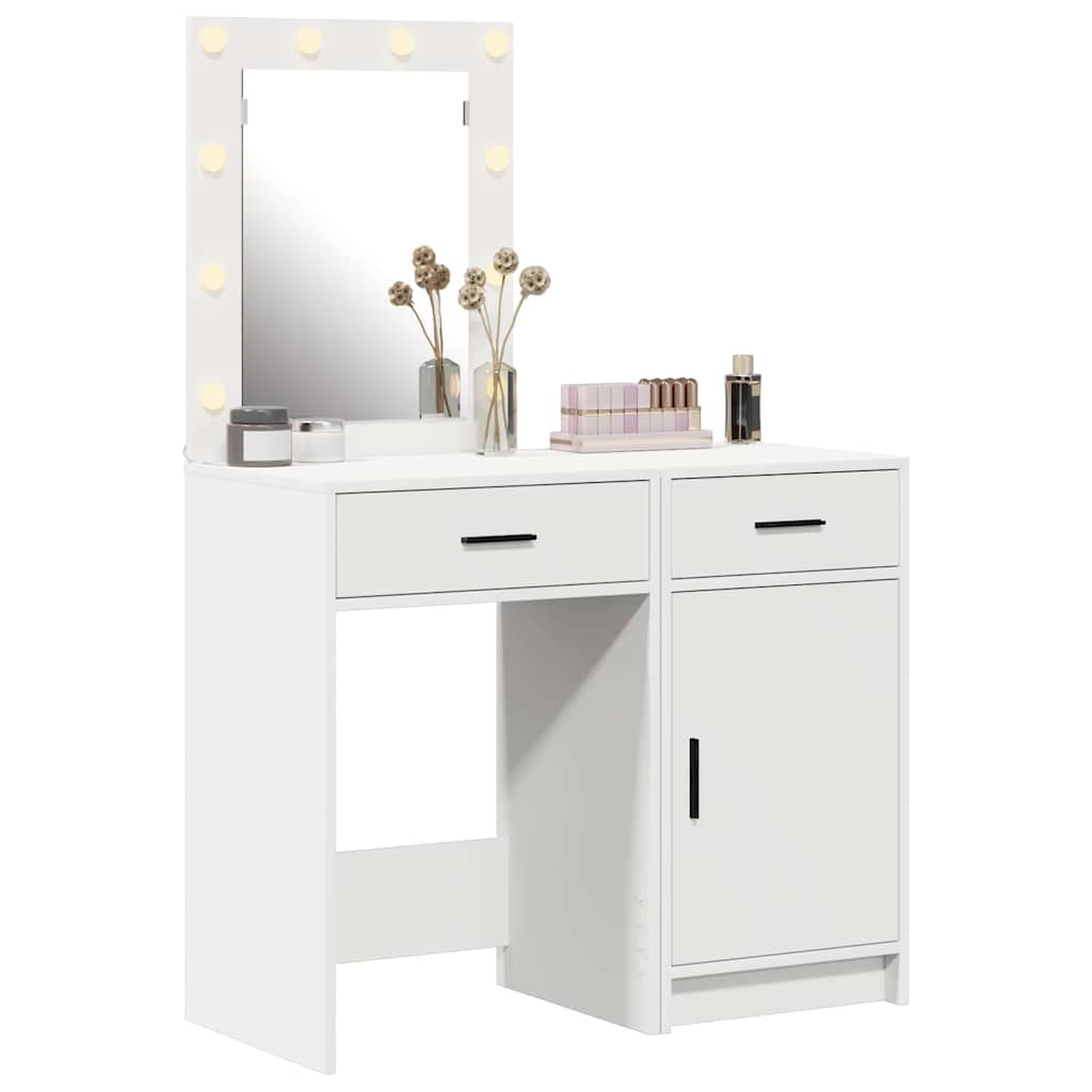 White Dressing Table Set 2 Piece LED Lights Drawer Engineered Wood Vanity Desk