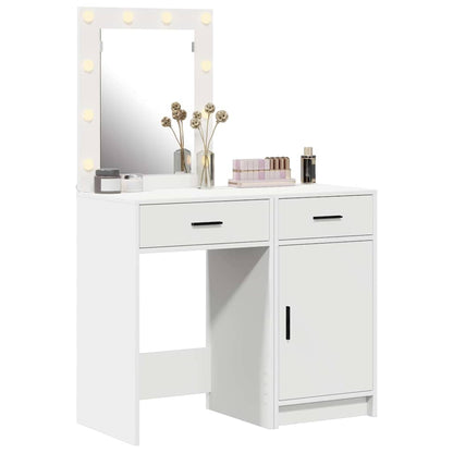 White Dressing Table Set 2 Piece LED Lights Drawer Engineered Wood Vanity Desk