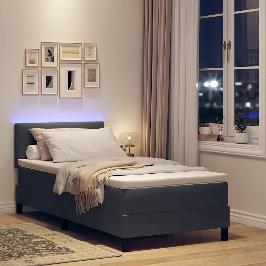 Dark Grey and White Box Spring Bed Fabric with Foam Mattress and LED Headboard