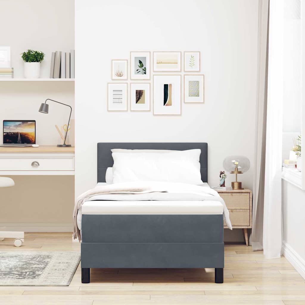 Dark Grey and White Box Spring Bed Fabric with Foam Mattress and LED Headboard