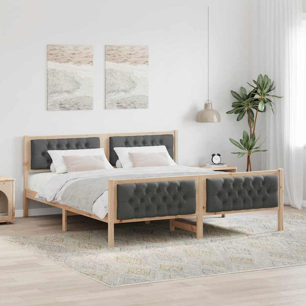  Dark Grey Bed Frame with Upholstered Headboard Solid Pine Wood King Size