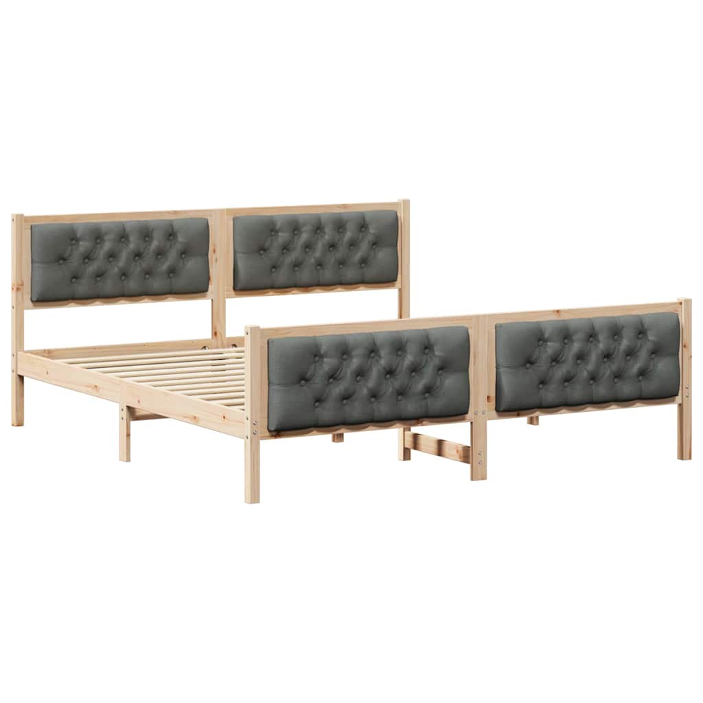 Dark Grey Bed Frame with Upholstered Headboard Solid Pine Wood King Size