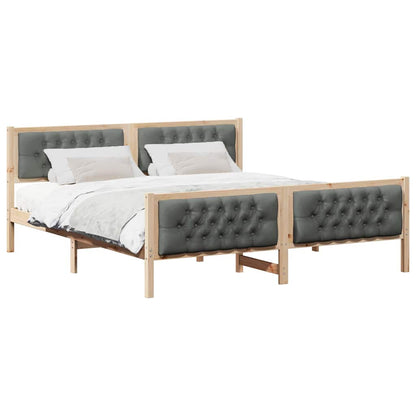 Dark Grey Bed Frame with Upholstered Headboard Solid Pine Wood King Size