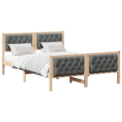 Dark Grey Queen Bed Frame with Upholstered Headboard Solid Pine Wood
