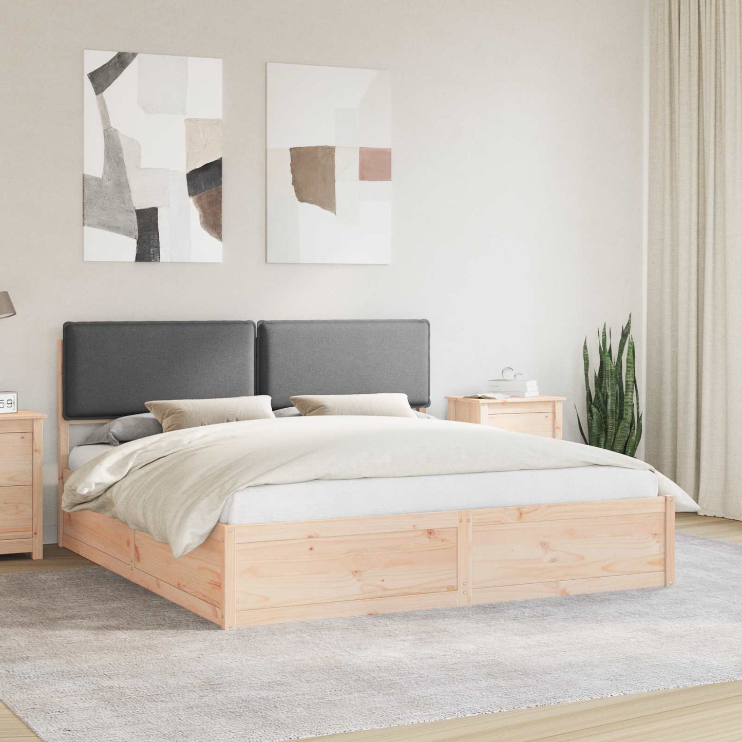King Pine Wood Bed Frame with Upholstered Headboard Slatted Platform Support