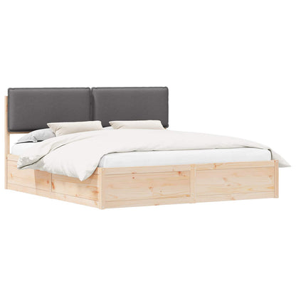 King Pine Wood Bed Frame with Upholstered Headboard Slatted Platform Support