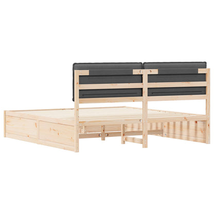 King Pine Wood Bed Frame with Upholstered Headboard Slatted Platform Support