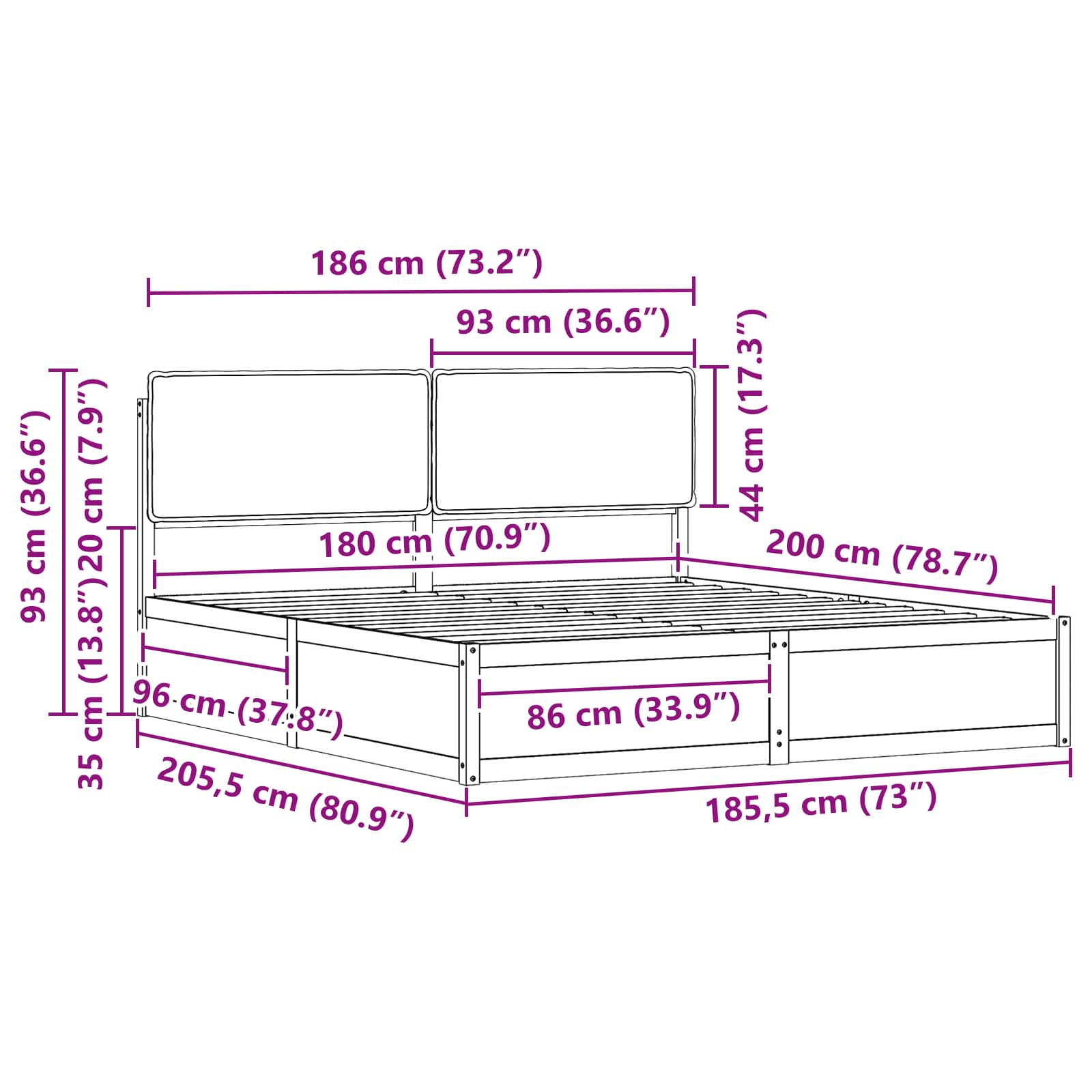 King Pine Wood Bed Frame with Upholstered Headboard Slatted Platform Support