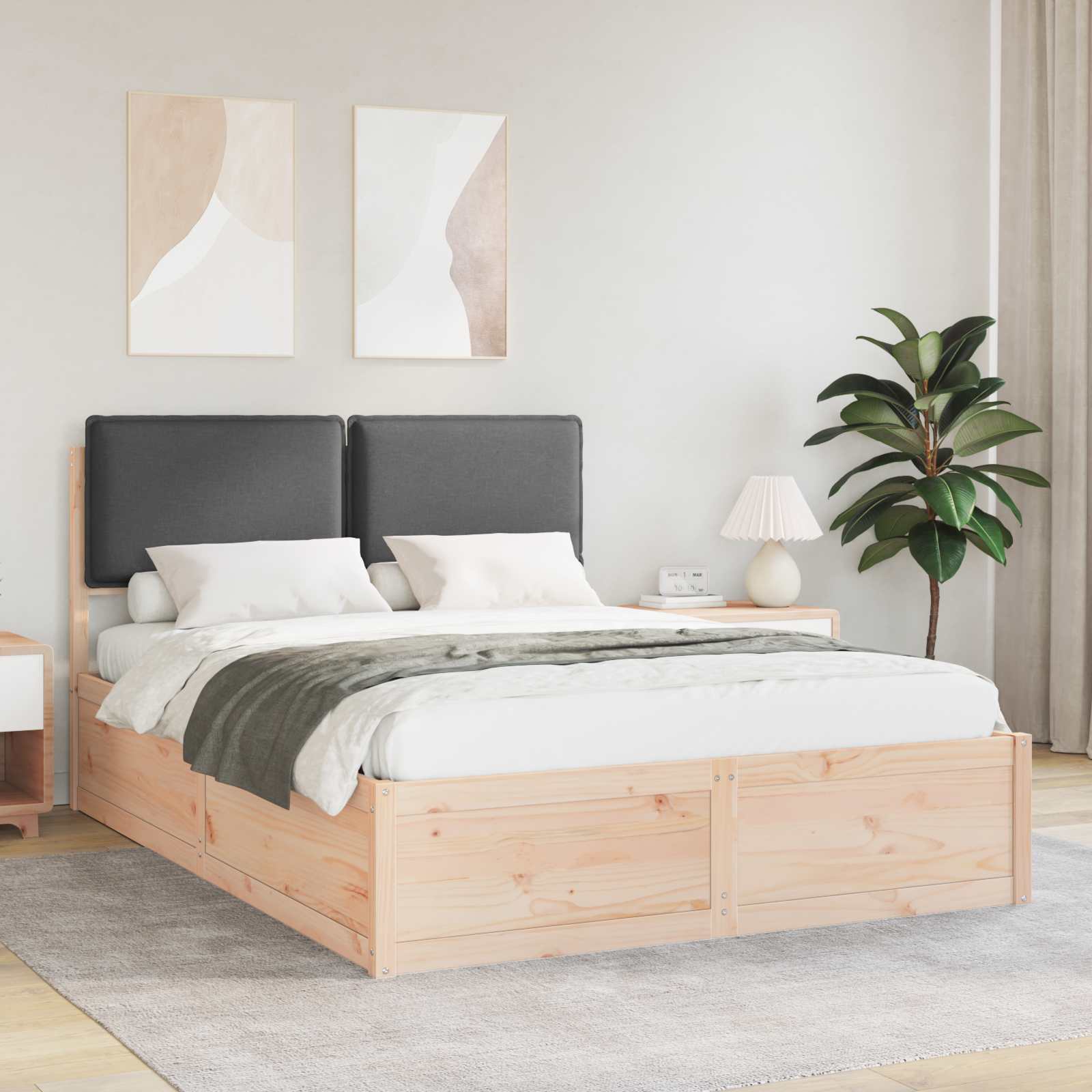Dark Grey Bed Frame with Soft Upholstered Headboard and Platform Slats Queen