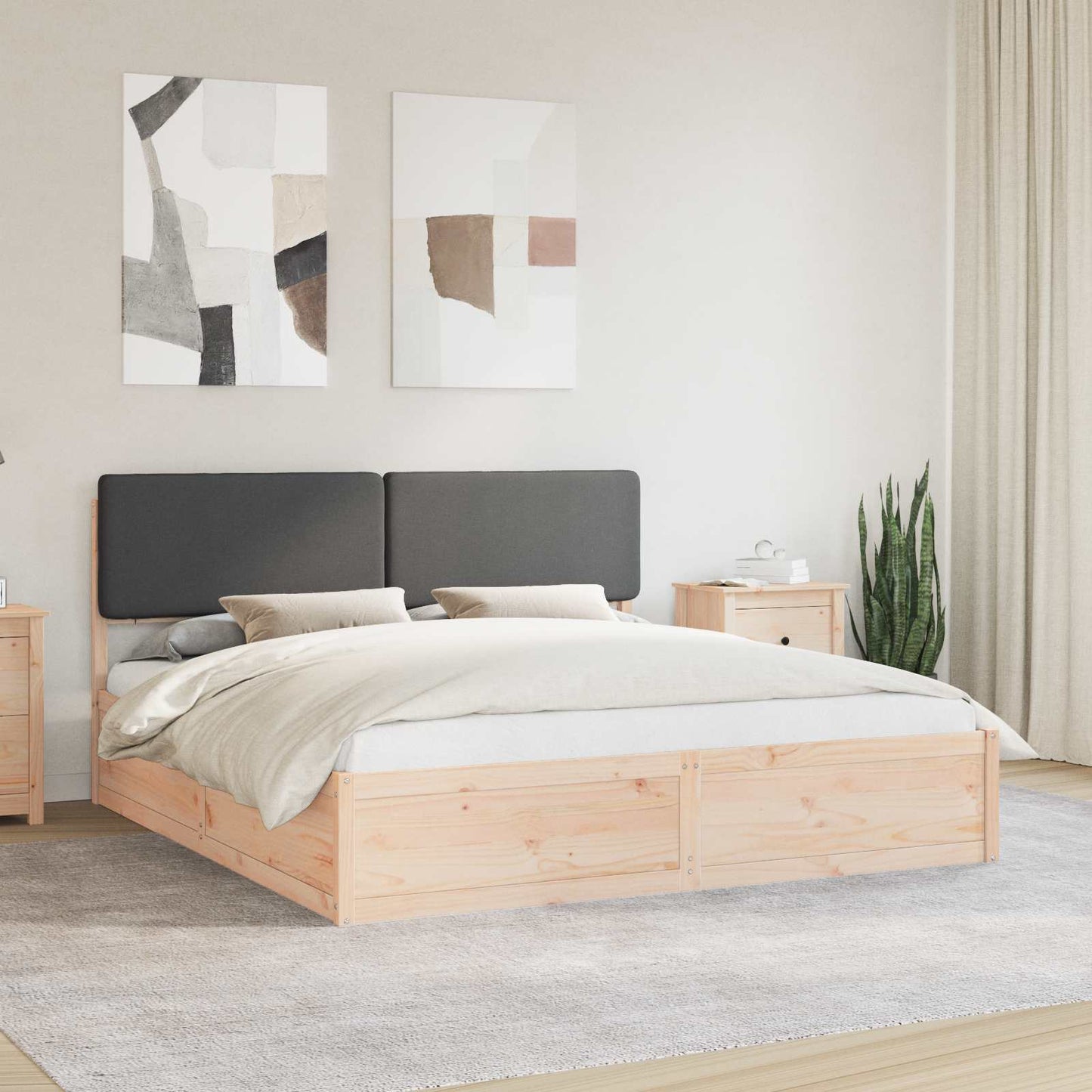 Dark Grey King Bed Frame Upholstered Headboard Solid Pine Wood Platform Bed